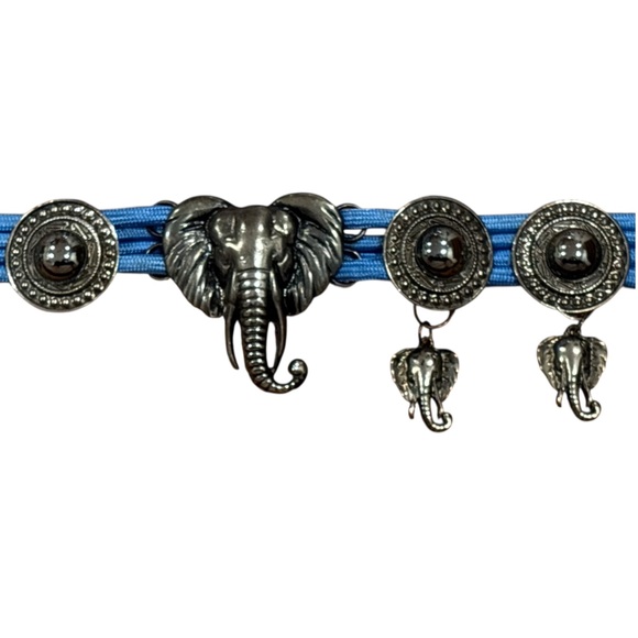 90s METAL ELEPHANT & MEDALLION MOTIF ON BLUE CORD WHIMSICAL AFRICAN VIBE 34" - Picture 3 of 5